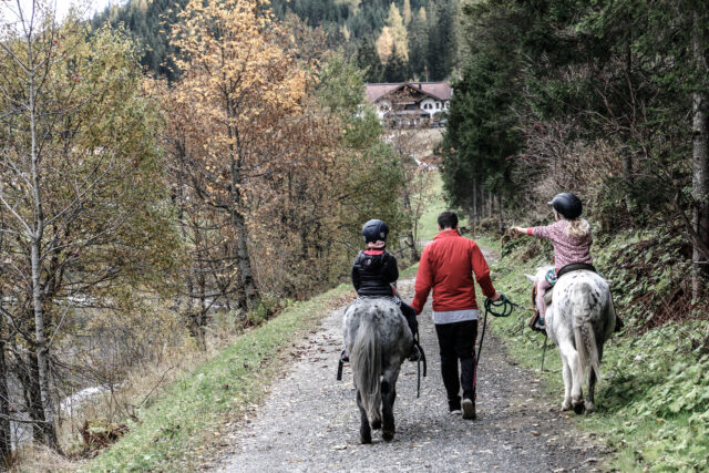 Familie reitet auf Pferden in der Natur.