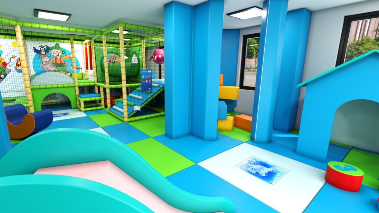 Buntes Spielzimmer mit Rutschen und Spielgeräten